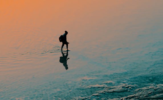 A person walks through calm water at sunset, casting a shadow as the sun sets.